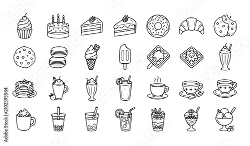 Cuadro en lienzo Sweet Desserts and Beverages Line Art Icons Collection Editable Stroke Food Vect