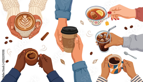 Top view of diverse hands holding warm coffee cups, iced lattes, herbal tea, and takeaway mugs for cafe morning gathering and social beverage vector designs