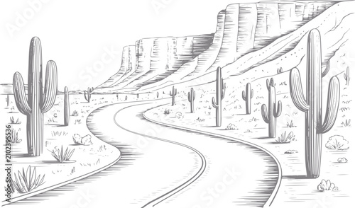 Dibujo a mano de una carretera sinuosa en el desierto a través de un paisaje escénico con altos cactus saguaro y mesetas
