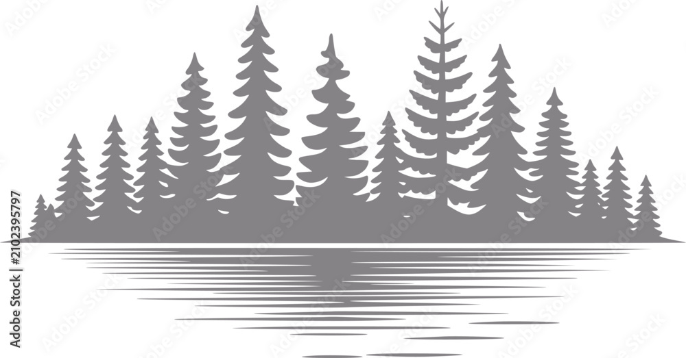 Obraz premium Silueta gris minimalista de un bosque de pinos reflejada en agua tranquila, aislada sobre un fondo blanco limpio
