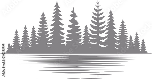 Bild auf Leinwand Silueta gris minimalista de un bosque de pinos reflejada en agua tranquila, aisl