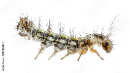 Hairy caterpillar larva crawling isolated macro view on the transparent background