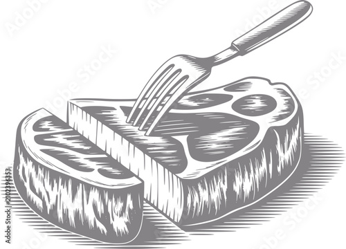 Photos Xilografía estilo vintage de un corte grueso de bistec de ternera crudo pinchado