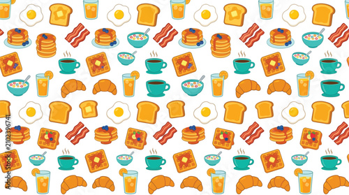 Fotografía Seamless pattern of delicious breakfast food items including pancakes, bacon, eggs, and coffee