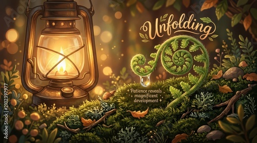 Vintage lantern illuminating a delicate fern unfurling in a mossy forest floor with a message of patience and development