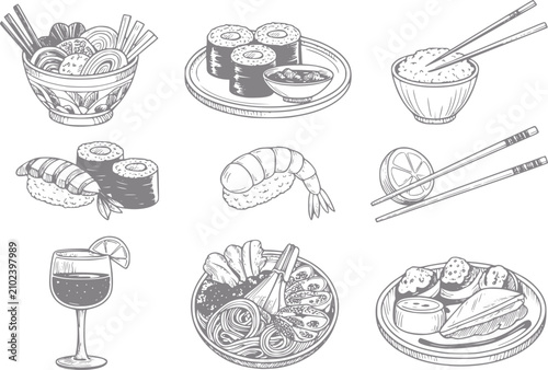 Obraz na płótnie Colección dibujada a mano de comida japonesa con sushi, ramen, cuencos de arroz