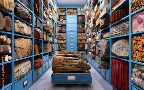 Detailed Display of Diverse Wood Samples in a Natural History Collection Room