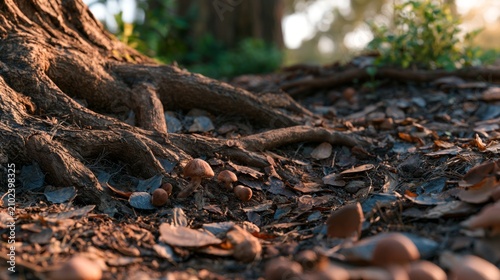 Tranquil Woodland Floor with Exposed Tree Roots and Mushrooms in a Sunlit Forest Environment