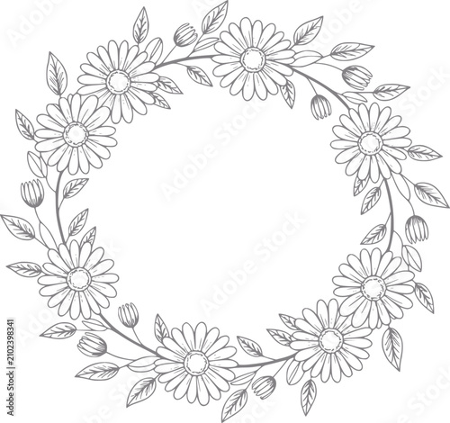Foto Guirnalda floral dibujada a mano con margaritas y hojas sobre un fondo blanco li