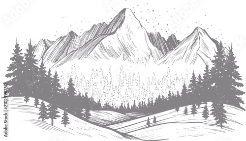 Photos Dibujo a mano de una cordillera con un denso bosque de pinos y un paisaje nevado