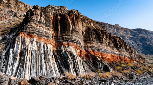 Exposed Volcanic Rock Cliff Revealing Perfectly Layered Strata Under Clear Blue Sky at Scenic Landscape