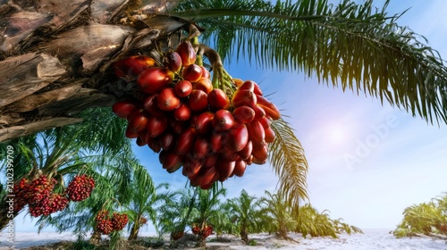 Ripe Palm Fruit Bunches Hanging from Tree on Bright Sunny Day in Tropical Landscape