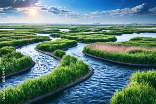 Serene Wetland Landscape with Flowing Water and Lush Green Grass Under Bright Blue Sky at Sunset