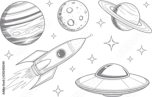 Foto Dibujo a mano del espacio con una nave espacial, planetas, una luna y un platill