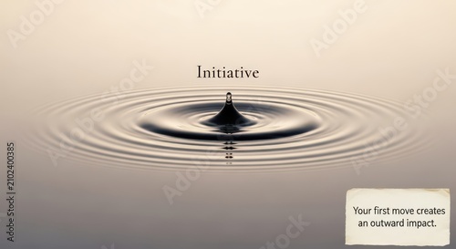 Water droplet creating ripples on still surface, symbolizing impact and initiative with text overlay