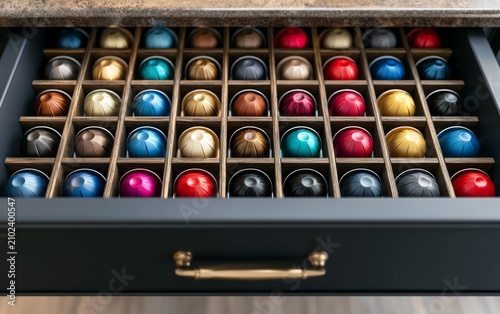 Organized Coffee Capsule Drawer with Colorful Capsules Displayed Neatly in a Modern Hotel Room Setting