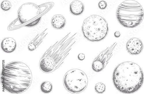 Dibujo a mano de varios planetas, lunas y cometas flotando en el espacio profundo sobre un fondo blanco