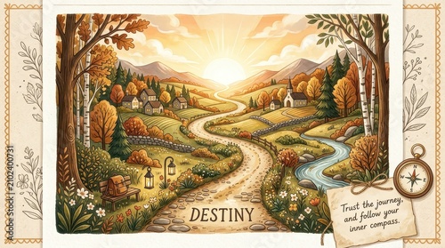 Whimsical autumn landscape with winding road leading to a village, inspiring journey and destiny concept