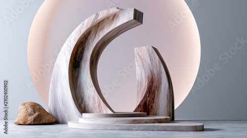 Elegant Curved Limestone Display with Arch Design Featuring Soft Lighting and Natural Stone Accent