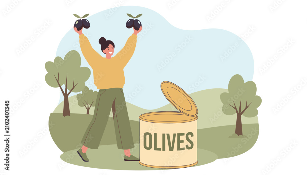Fototapeta premium Happy young woman holding giant black olives next to a massive tin can in a green countryside landscape.