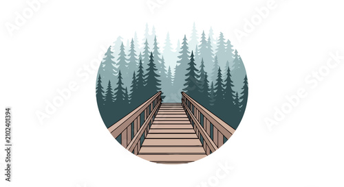 Wooden walkway leading into a dense evergreen forest