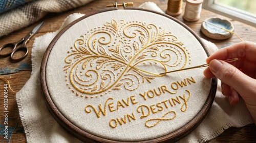 Close-up of hands embroidering inspirational quote 