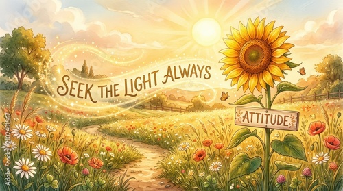 Whimsical illustration of a sunflower in a field with a sign saying 'attitude' and text 'seek the light always'