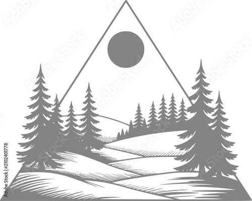 Foto Emblema triangular minimalista que presenta un paisaje forestal estilizado con p