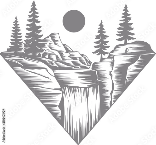 Foto Minimalista de un paisaje de cascada con pinos y un sol en un marco en forma de