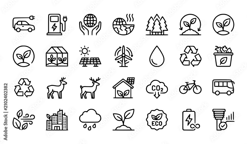 Fototapeta premium Environmental Protection and Green Energy Editable Outline Icons Collection for Web Mobile and Print