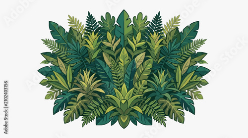 Fotografie Lush tropical foliage with vibrant green leaves and ferns.