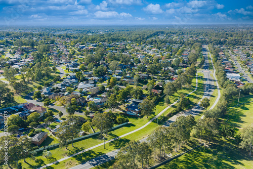 Canvas Print Drone aerial photograph of modern high density housing and the surrounding neigh