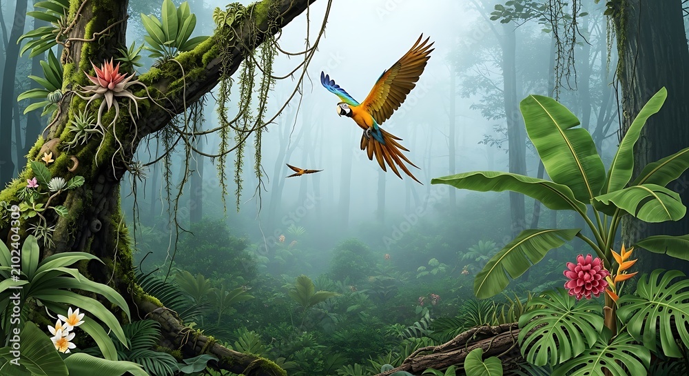 Fototapeta premium Vibrant hummingbird feeding on tropical flowers outdoors.