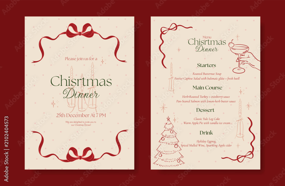 Obraz premium Christmas and New Year dinner invitation and menu template card set. design for drink menu, promotion, beverages, ads.