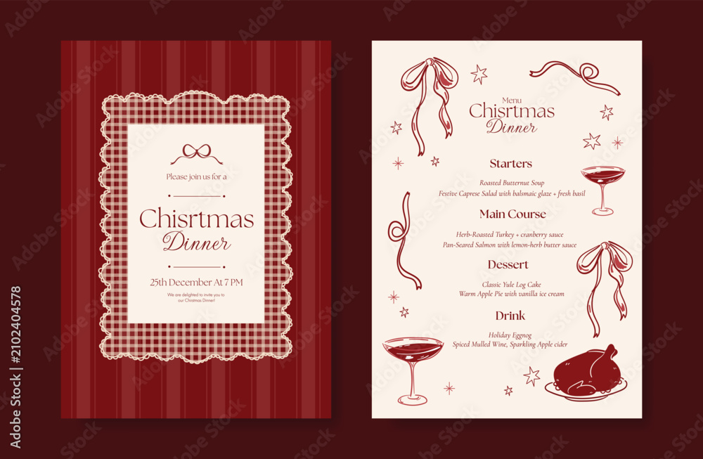 Obraz premium Christmas and New Year dinner invitation and menu template card set. design for drink menu, promotion, beverages, ads.