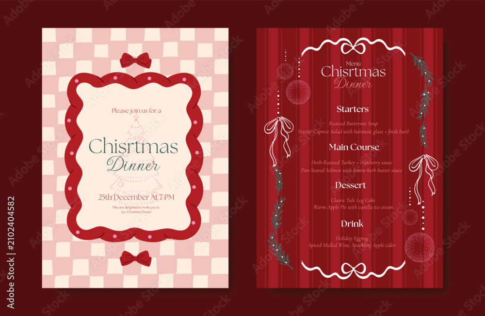Obraz premium Christmas and New Year dinner invitation and menu template card set. design for drink menu, promotion, beverages, ads.