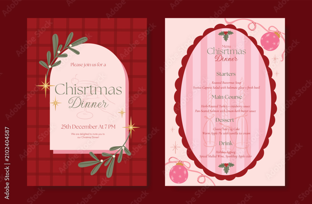Obraz premium Christmas and New Year dinner invitation and menu template card set. design for drink menu, promotion, beverages, ads.