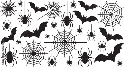 A minimalist black and white illustration featuring spooky Halloween motifs like creepy spiders, intricate webs, and flying bats