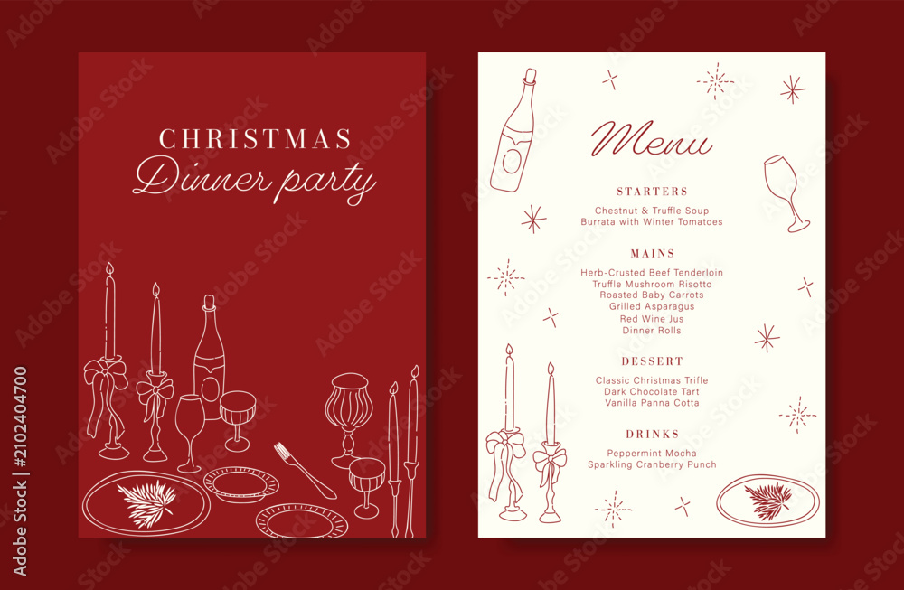 Obraz premium Christmas and New Year dinner invitation and menu template card set. design for drink menu, promotion, beverages, ads.