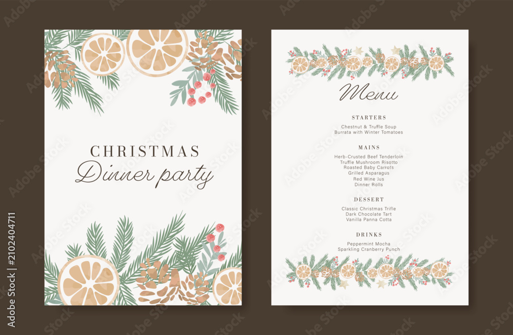 Obraz premium Christmas and New Year dinner invitation and menu template card set. design for drink menu, promotion, beverages, ads.
