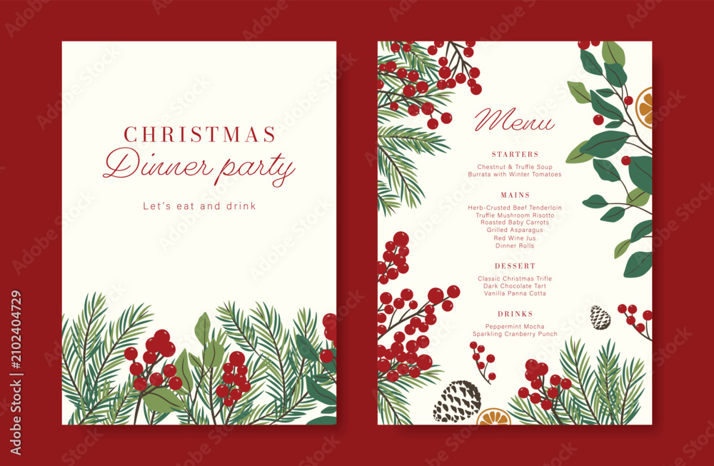 Obraz premium Christmas and New Year dinner invitation and menu template card set. design for drink menu, promotion, beverages, ads.