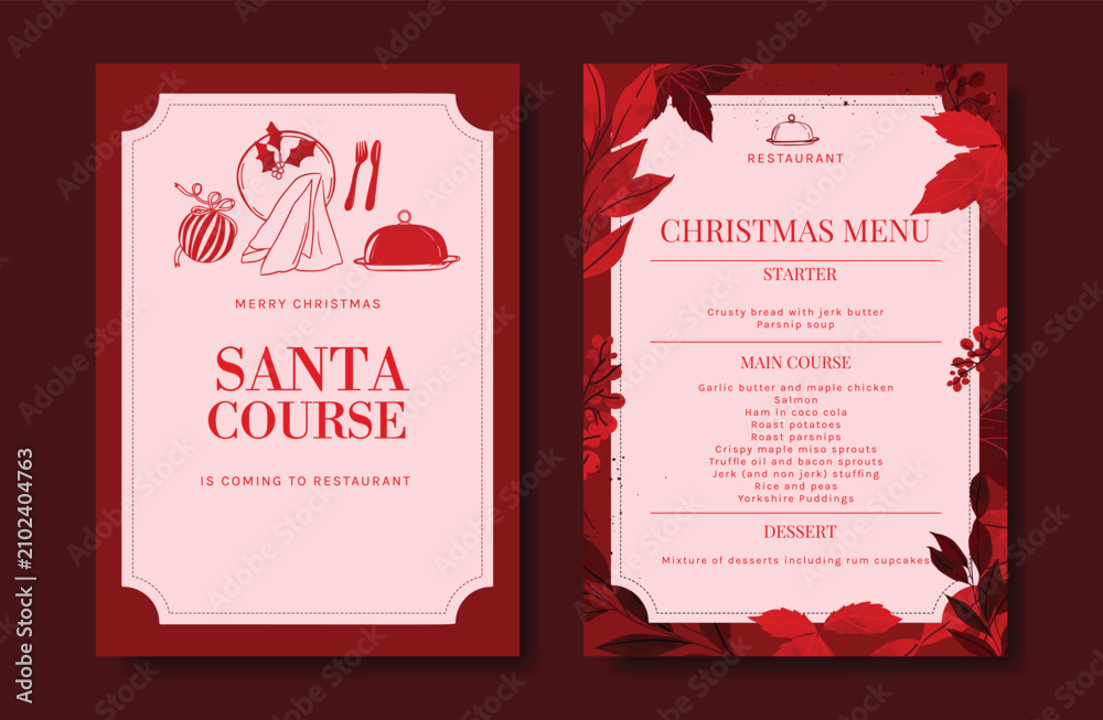 Obraz premium Christmas and New Year dinner invitation and menu template card set. design for drink menu, promotion, beverages, ads.