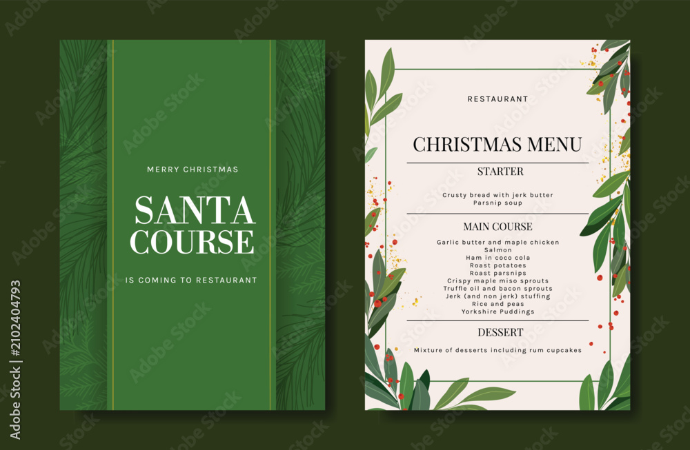 Obraz premium Christmas and New Year dinner invitation and menu template card set. design for drink menu, promotion, beverages, ads.