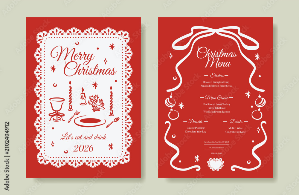 Fototapeta premium Christmas and New Year dinner invitation and menu template card set. design for drink menu, promotion, beverages, ads.