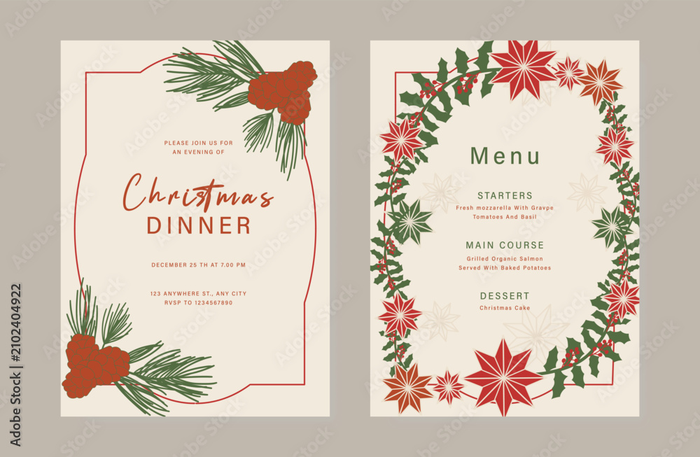 Obraz premium Christmas and New Year dinner invitation and menu template card set. design for drink menu, promotion, beverages, ads.