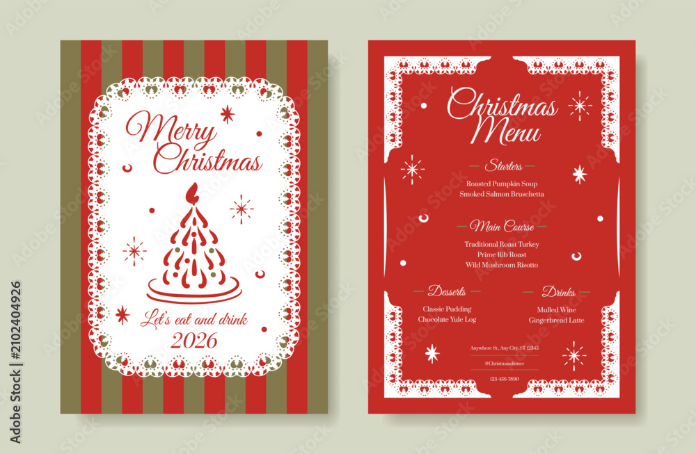 Obraz premium Christmas and New Year dinner invitation and menu template card set. design for drink menu, promotion, beverages, ads.