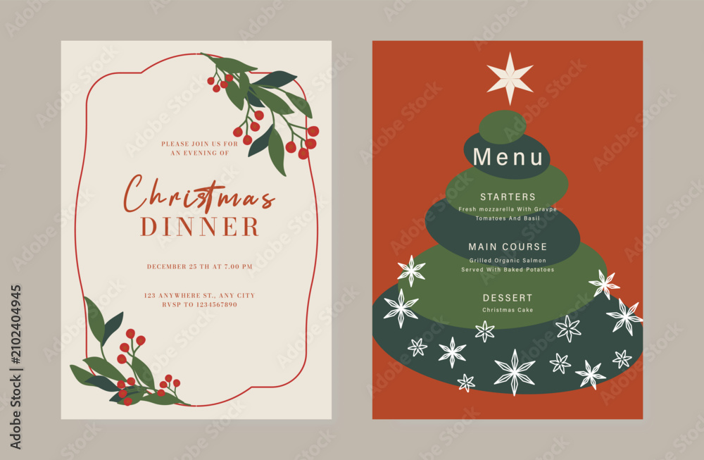 Obraz premium Christmas and New Year dinner invitation and menu template card set. design for drink menu, promotion, beverages, ads.