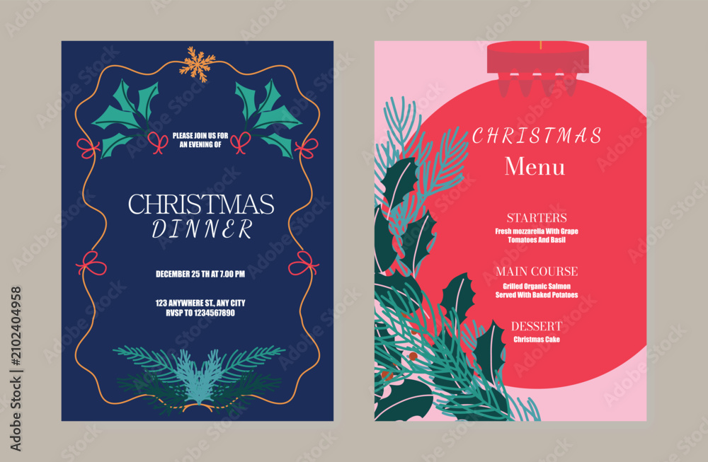 Obraz premium Christmas and New Year dinner invitation and menu template card set. design for drink menu, promotion, beverages, ads.