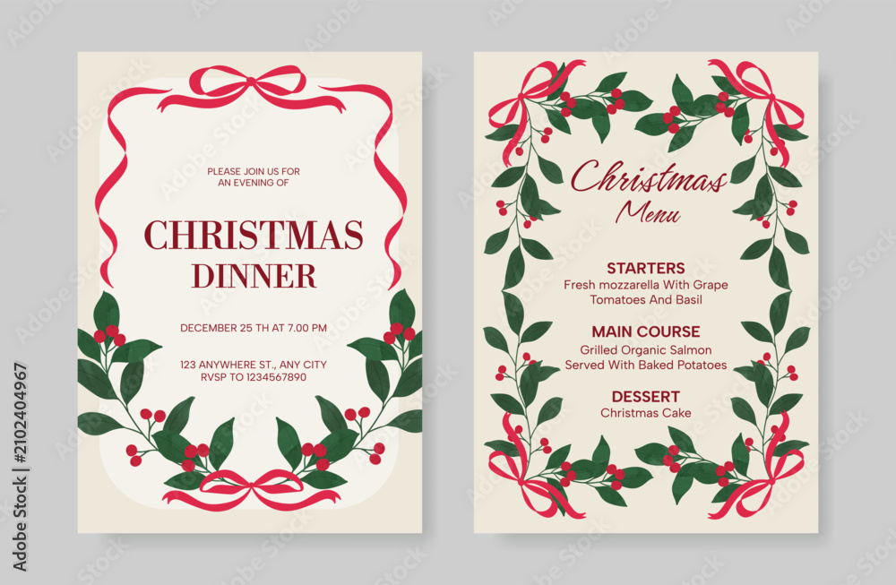 Obraz premium Christmas and New Year dinner invitation and menu template card set. design for drink menu, promotion, beverages, ads.