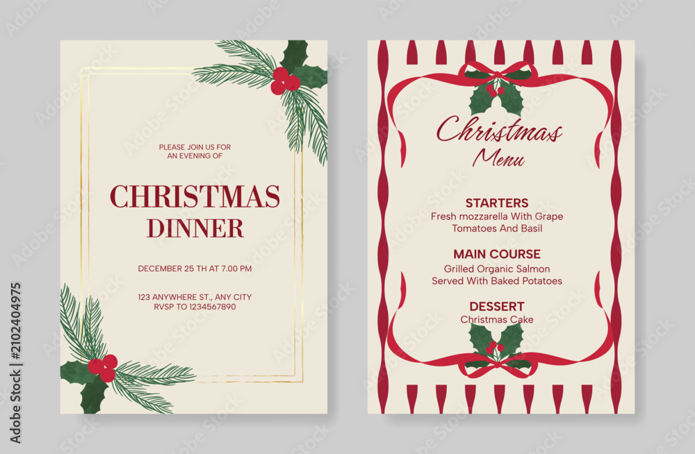 Obraz premium Christmas and New Year dinner invitation and menu template card set. design for drink menu, promotion, beverages, ads.